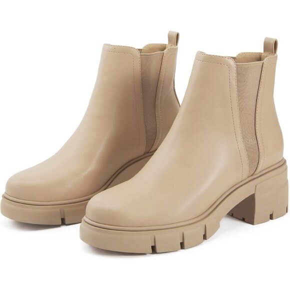 Women's Nude Chelsea Boot Elastic Block Heel Platform Lug Sole Ankle Boots - Picture 6 of 8